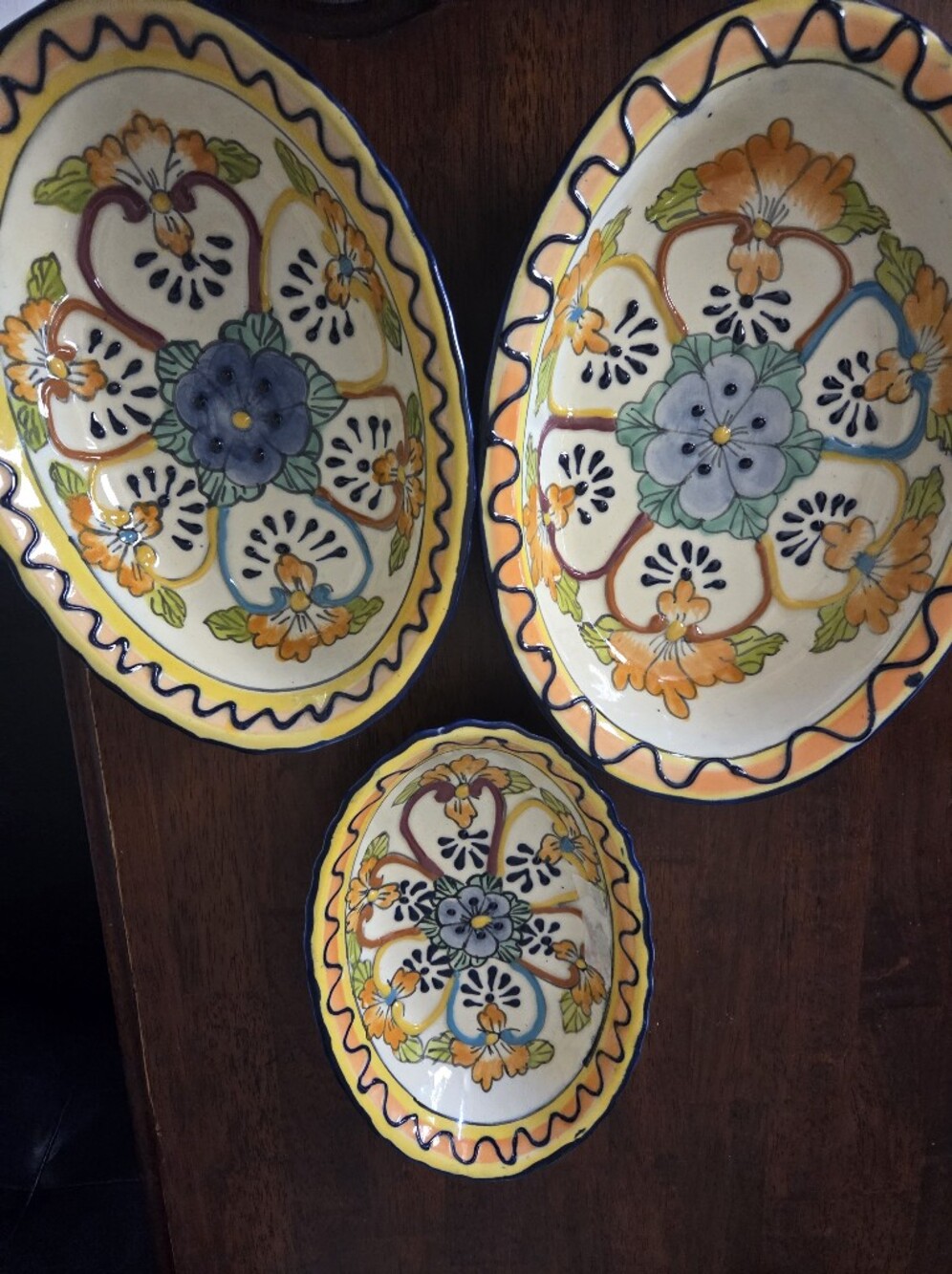 Set of 3 Vintage Hand-Painted Alba, Mexico Talavera Ceramic Serving Bowls